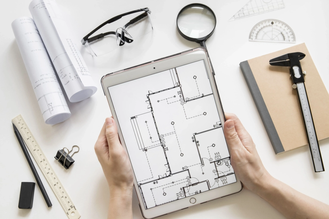 Mains tenant une tablette avec le mesurage d'un appartement