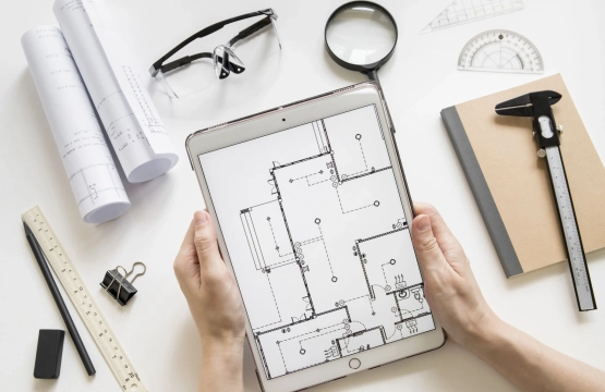 Mains tenant une tablette avec le mesurage d'un appartement