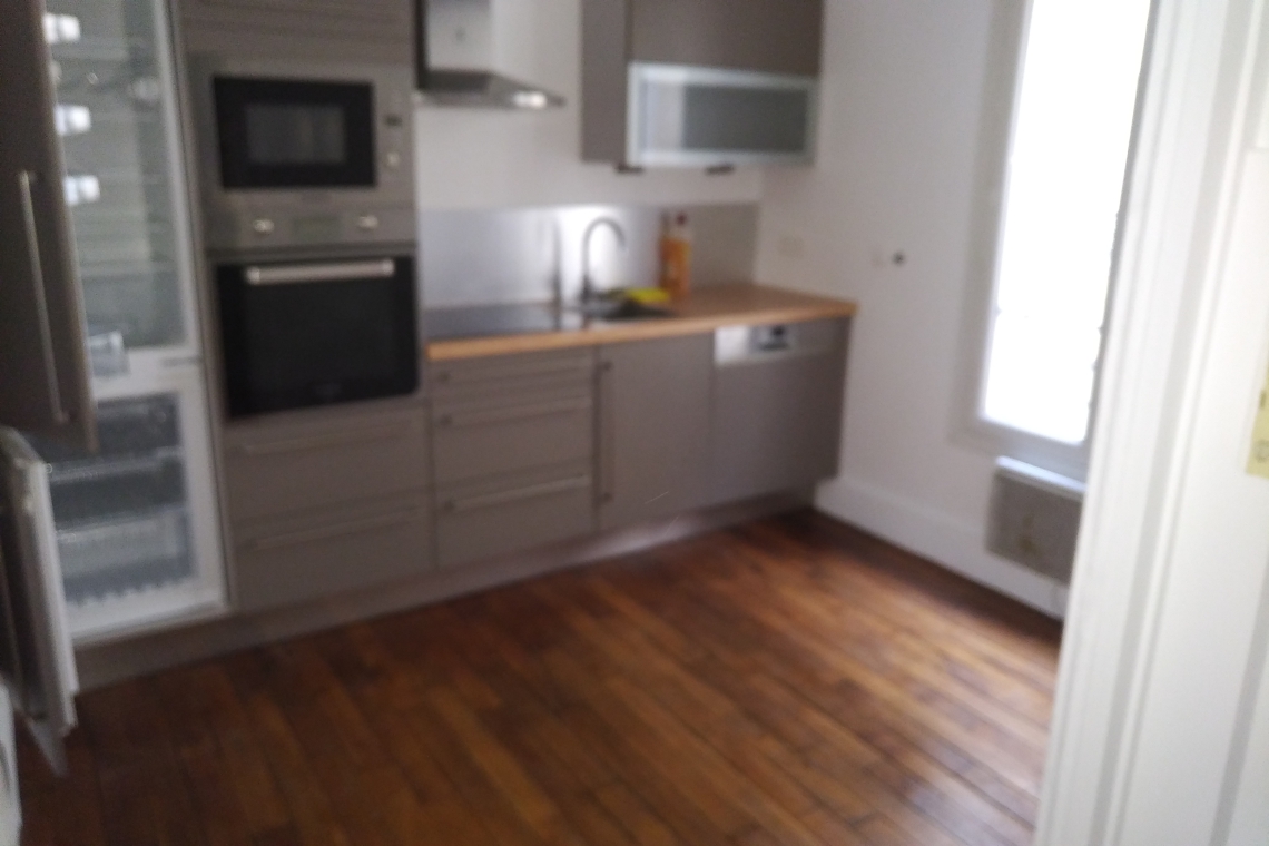 Blurry modern kitchen with stainless steel appliances, wooden floor, and a sink along the counter.