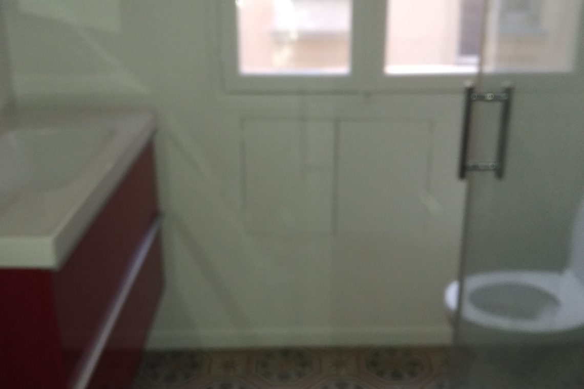 Blurry bathroom scene with a white toilet on the right, a sink countertop on the left, and a door with a window leading to a light-filled building exterior visible in the background.