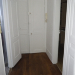 Blurry view down a narrow hallway with white-paneled doors on both sides and a wooden floor, seen from eye level.