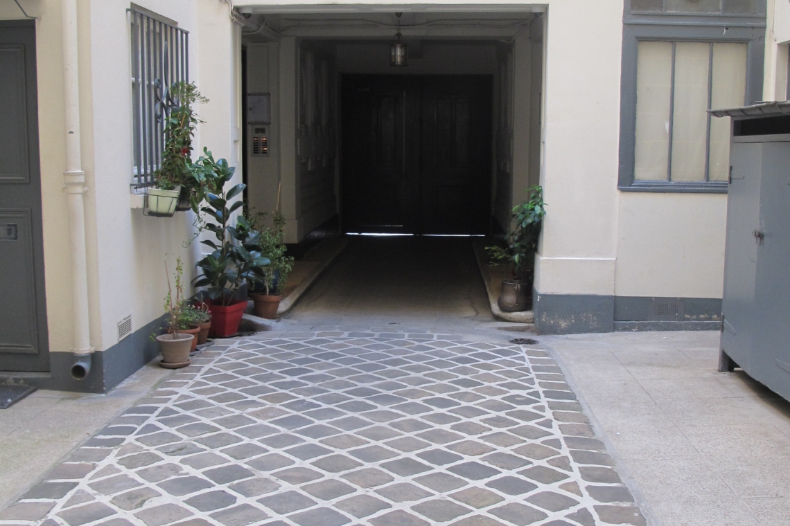 Narrow white-walled alley with a patterned stone floor and potted plants along the left wall, leading to a dark entrance corridor.